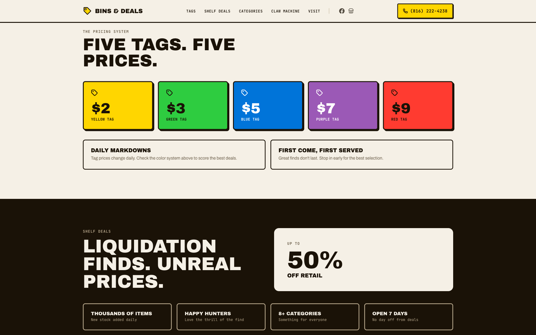 Final color-tag pricing system: five full-color cards for Yellow $2, Green $3, Blue $5, Purple $7, Red $9, with two note panels below explaining daily markdowns and first-come-first-served