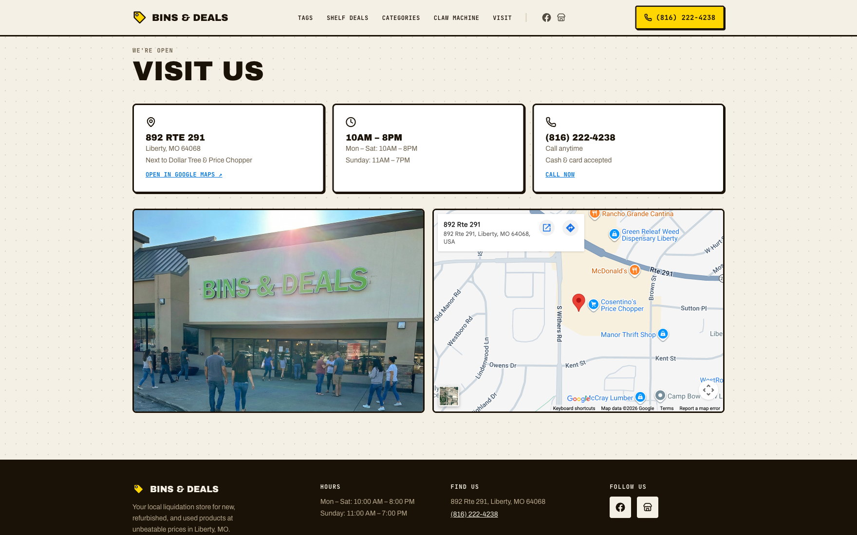 Visit Us section with store hours, a real storefront photo, and a live embedded map