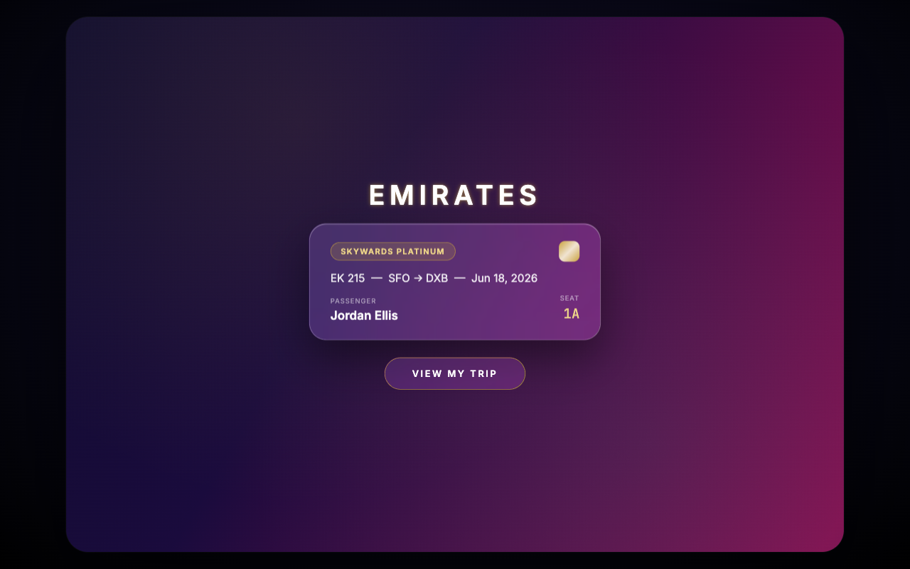 Emirates Vision Pro — glassmorphic boarding pass card