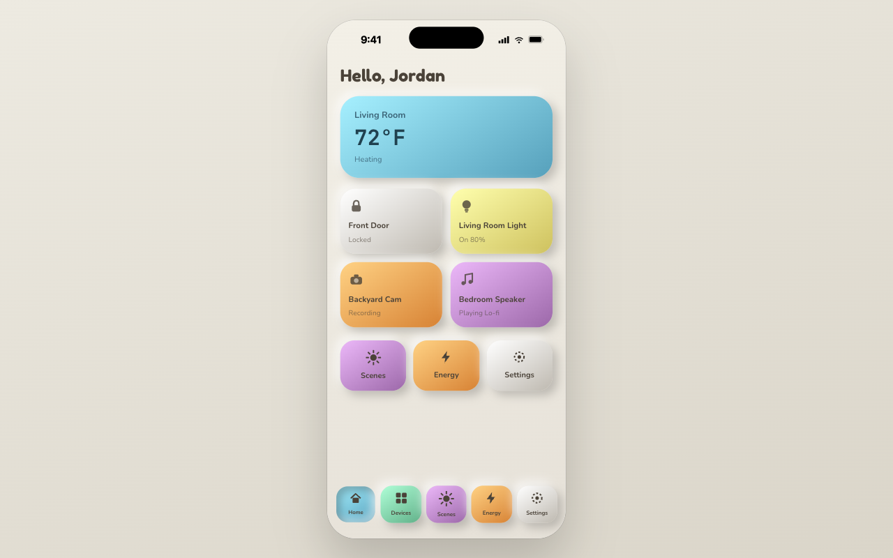 Nest Clay — claymorphic smart home app on an iOS device frame