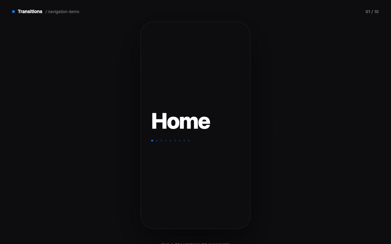 Page Transition System — ten navigation transition demos on a phone frame