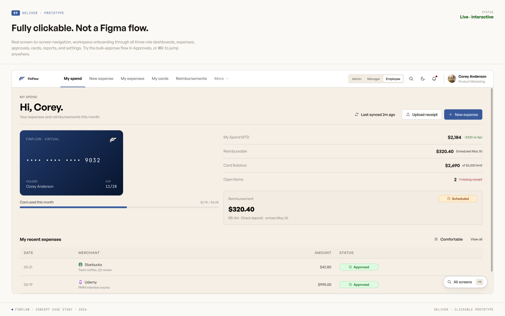 FinFlow interactive prototype help screen, with the command palette and role switcher used to navigate the full clickable build