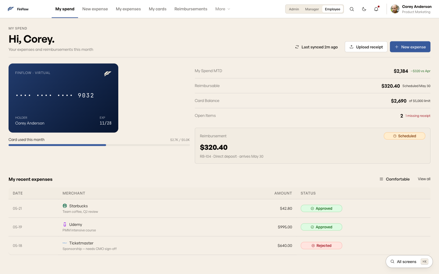 FinFlow employee dashboard annotated with three research-driven design decisions