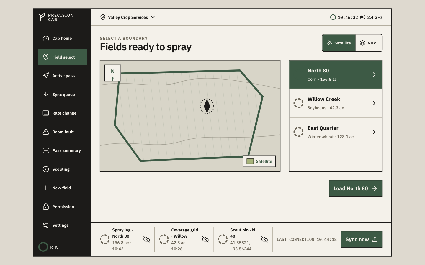 Field select with satellite and NDVI map modes