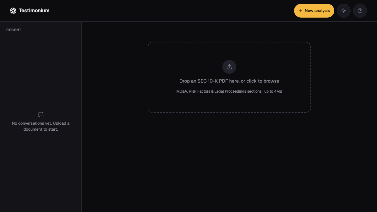 Final document-ready empty state, real screenshot from the live app after uploading sample-10k.pdf